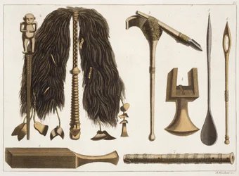 Tahitiske værktøjer og ceremonielle instrumenter, illustration fra en samling af rejsebøger fra det tidlige 19. århundrede