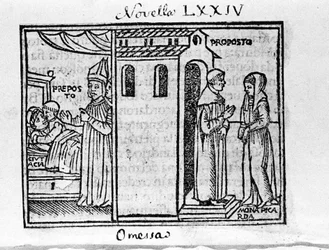 Ærkepræsten i Firenze overrasket over festen, da han mødte den kvinde, han elsker. Illustration til nyhederne 74 (Ny 4 af den ottende dag) af "Decameron"" af Giovanni Boccaccio dit Jean Boccaccio (1313-1375), italiensk forfatter. Indgravering i "" Decamero