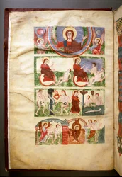 Skabelsen af Adam og Eva, arvesynden og deres fordrivelse fra paradis. Forside af manuskript fra det 11. eller 12. århundrede. (Ms.1273) Rom, Biblioteca Angelica