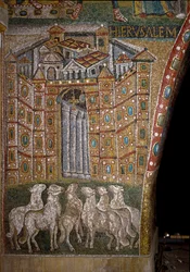 Jerusalems port med lam, der symboliserer apostlene (mosaik)