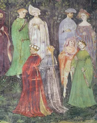 Juni måned, detalje af adelsmænd og kvinder gående, ca. 1400 (fresco)