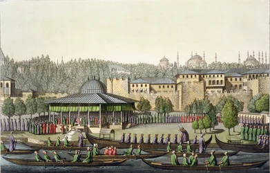 Admiralens forestilling for sultanen, tavle 14 fra Del III, Bind I af Nationernes historie, graveret af Giacomo Bussi, ca. 1820