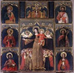 Jomfruen med Kristusbarnet: Vor Frue (Vor Frue) altertavle af rosenkransen. Seks helgener omgiver Jomfruen: Sankt Peter, Sankt Johannes Døberen holder Guds Lam, Sankt Barthelemy, Sankt Stefan, Sankt Julian, Sankt Maria Madeleine. Ovenfor, cruc
