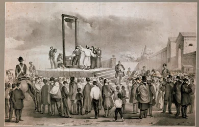 Henrettelsen den 13/03/1858 af Felice Orsini (1819 - 1858) og Pieri, der udførte angrebet den 14. januar 1858 mod Napoleon III på Place de la Roquette i Paris Litografi fra slutningen af det 19. århundrede. Milano Museo del Risorgimento