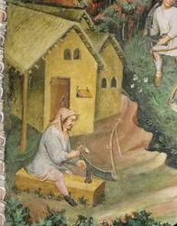 Landmanden forbereder leen til høslæt (fresco)