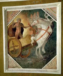 Salen på niveau med Nymphaeum, detalje af hvælvingsdekoration, der forestiller Zeus, der stiger ned fra Olympen i sin vogn, muligvis udført af Bartolomeo Ammannati (1511-92) (fresko)