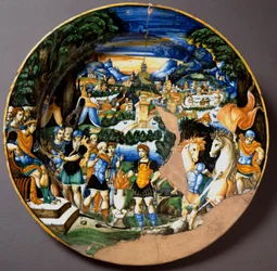 Helten Gaius Mucius Scaevola over for den etruskiske konge Porsenna. Keramiktallerken fra Fontana-værkstedet i Urbino, Italien. Omkring 1560. Museo Nazionale del Bargello, Firenze
