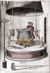 Køkkenet under en klokke. Indgravering fra "Opera", bog om gastronomi opdelt i 6 dele, af Bartolomeo Scappi, personlig kok af pave Pius V. Venedig