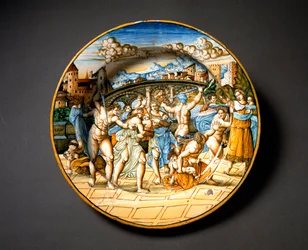 Barnemordet i Betlehem. Keramiktallerken fra Fontana-værkstedet i Urbino, Italien. Omkring 1566. Museo Nazionale del Bargello, Firenze