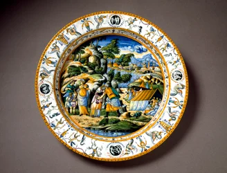 Mødet mellem Aron og Moses. Keramiktallerken fra Fontana-værkstedet i Urbino, Italien. Omkring 1550. Museo Nazionale del Bargello, Firenze