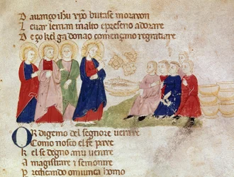 Formeringen af brød og fisk Miniature taget fra "" Del novo e del vedre testamento"" af Pietro da Barsegape (13. århundrede) 14. århundrede Milano, Biblioteca Braidense
