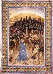Digteren Dante befinder sig i en mørk skov. Den oplyste side af den første helvedesang stammer fra "Divina Commedia" (Divine Comedy) af Dante Alighieri (1265-1321). Manuskript Ms. Conv. Soppr. 204
