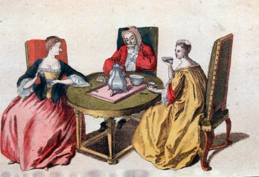 Tre venetianske adelsmænd nyder en chokoladegravering af det 18. århundredes Venedig, Correr museum
