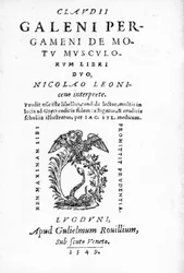 Titelside til Claudius Galens Pergameni De Motu Musculi Libri Duo, en samling af værker af Claudius Galen, udgivet i 1549 (tryk)