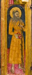 Triptykon: Sankt Antonius abbed på tronen, Sankt Paul eremitten og Sankt Onophrius, detalje, midten af det 14. århundrede (tempera på panel)