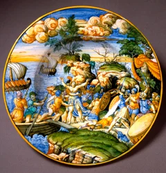 Den trojanske krig: bortførelsen af Helena. Keramisk fad fra Urbino, Italien. Omkring 1550. Museo Nazionale del Bargello, Firenze, Italien