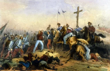 Unite of Italy: Slaget ved Milazzo på Sicilien den 20/07/1860. Giuseppe Garibaldis Tusind besejrede Francois II. Litografi fra slutningen af 1800-tallet
