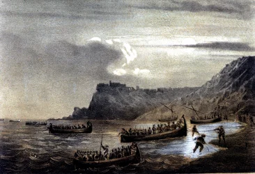 Unite of Italy: Ekspedition af de tusinde eller røde skjorter ledet af Giuseppe Garibaldi (1807-1882). Afgang af den første flåde af Garibaldians mod Calabrien ved Fort Stella. Litografi af det 19. århundrede