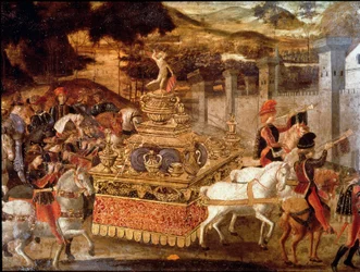 Lucius Aemilius Paullus eller Paul Emile Makedonerens (ca. 230-160 f.Kr.) sejr over Persees konge af Makedonien. Detalje af processionen og triumfvognen. Maleri af den florentinske skole i det 15. århundrede. Paris, Musée Jacquemart Andre