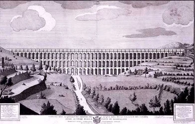 Udsigt over akvædukten, der fører vand til Palazzo di Caserta fra Maddaloni (gravering)
