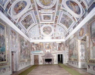 Udsigt til "Sala dei Fasti Farnese" (Farnese-salen), som Onofrio Panvinio har udtænkt og Taddeo (1529-66) og Federico Zuccaro (1540-1609) har udført fresker af 1557-83 (fresko).