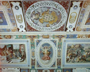 Udsigt over Sala dei Fasti Farnese (Hall of the Splendors of the Farnese) udtænkt af Onofrio Panvinio og fresker af Taddeo (1529-66) og Federico Zuccaro (1540-1609) 1557-83 (detaljer)