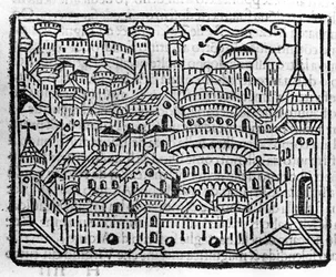 Udsigt over byen Aosta i Italien. Indgravering i "" Supplement til krønikerne "" af Fra Jacopo Filippo Foresti, Venedig