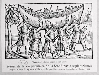 Vikinger, der bærer en båd til Rusland, illustration fra History of the Northern Nations af Olaus Magnus (1490-1558), udgivet i Rom, 1555