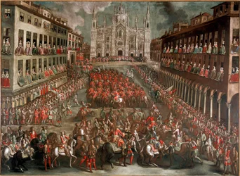 Den spanske arvefølgekrig: "" Festligheder organiseret for at fejre prins Eugenio di Savoias indtog i Milano (1663-1736) i spidsen for den sejrende hær efter slaget ved Torino den 24/09/1706" (fejring på Piazza Duomo i Milano for sejren