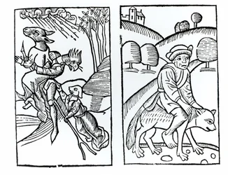 Hekse forklædt som dyr, der rider på et kosteskaft (til venstre) og en hanheks, der rider på en ulv (til højre), kopier af illustrationer fra Compendium Maleficarum af Fr. M. Guaccius, Milano 1608, brugt i magiens historie