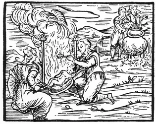 Hekse, der steger og koger spædbørn, kopi af en illustration fra Compendium Maleficarum af Fr M Guaccius, Milano 1608, brugt i History of Magic, udgivet sidst i det 19. århundrede