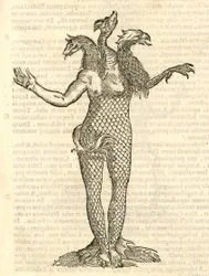 illustration af et trehovedet monster med hovedet af en ræv, drage og ørn fra Aldrovandis History of Monsters, 1642