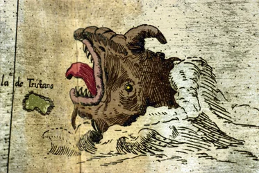 repræsentation af et havmonster nær Tristan da Cunha-øgruppen. Detalje af Atlas of Urbano Monte