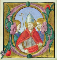 Historikeret initial S, der forestiller St. Gregory og to hellige
