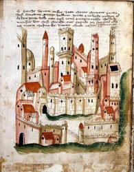 Udsigt over byen Jerusalem, fra Libro dOltramare af Niccolo da Poggibonsi (pen & blæk og tempera på vellum)