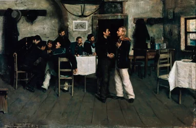 Møde mellem Giuseppe Garibaldi (1807-1882) og Giovanni Battista Cuneo (1809-1875) i Taganrog, en havn ved Sortehavet, i 1833, af Italo Nunes Vais (1860-1932)