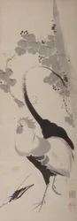 Rooster and Grapevine, Hanging Scroll, Edo Period (blæk på papir)
