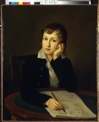 Portræt af grev Alexander Nikolayevich Mordvinov (1799-1858). (Portræt af greven A.N. Mordvinov). Ung teenager ved sit skrivebord, der holder sit hoved og en mekanisk blyant og observerer ansigtet på maleren, hvis ansigt han tegner. Maleri af Ivan Alexeevi