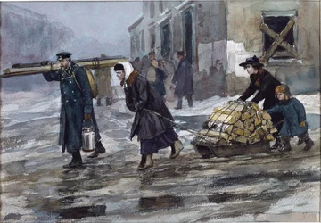En familie af en ingeniør, der slæber noget brændstof hjem af Vladimirov, Ivan Alexeyevich (1869-1947). Akvarel, Gouache på papir