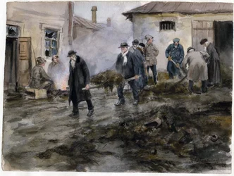 Bourgeois nettoyant une etable - Borgerskabet gør rent i staldene (fra serien af akvareller russiske revolution) - Vladimirov, Ivan Alexeyevich (1869-1947) - 1920 - Akvarel på papir - 25,8x34,4 - Privat samling