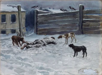 Døde af sult (Tegnet fra naturen) af Vladimirov, Ivan Alexeyevich (1869-1947). Akvarel, Gouache på papir