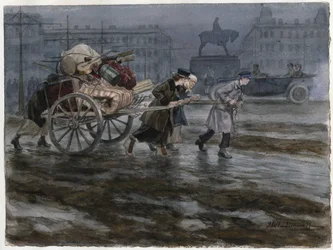 Famille demenageant ses affaires dans une charrette a bras - Familie flytter sine ejendele på vogn (fra serien af akvareller russiske revolution) - Vladimirov, Ivan Alexeyevich (1869-1947) - 1917-1918 - Akvarel på papir - 25,9x34,3 - Privat Saml