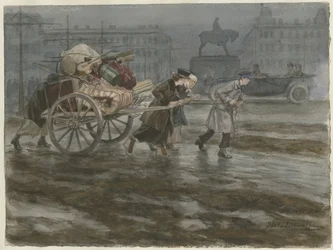 Familie flytter sine ejendele på vogn fra serien af akvareller russisk revolution, 1917-1918