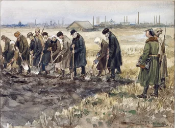 Hårdt arbejde for rige købmænd, adelige og kriminelle under revolutionsårene af Vladimirov, Ivan Alexeyevich (1869-1947). Akvarel, Gouache på papir