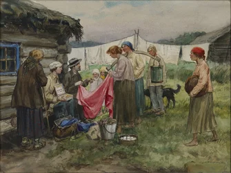Sultne år i Petrograd. Udskiftning af varer til proviant i en landsby nær en jernbanestation af Vladimirov, Ivan Alexeyevich (1869-1947). Akvarel, Gouache på papir