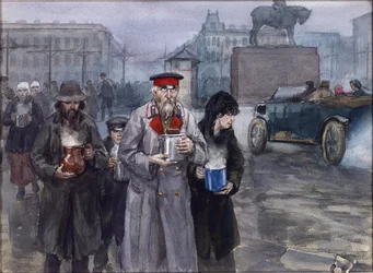 Sultne år i Petrograd. Tilbage fra et fælles suppekøkken af Vladimirov, Ivan Alexeyevich (1869-1947). Akvarel, Gouache på papir