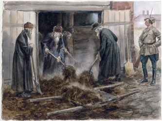 Le clerge russe pelletant le fumier - Russiske præster skovler hø: september 1918 (fra serien af akvareller russiske revolution) - Vladimirov, Ivan Alexeyevich (1869-1947) - 1918 - Akvarel på papir - 25,8x34,3 - Privat samling