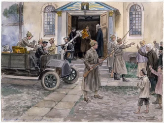 Rekvirering af kirkens skatte i Petrograd den 5. maj 1922, fra akvarelserien Den Russiske Revolution, af Ivan Alexeyevich Vladimirov (1869-1947), 1922