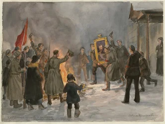Soldater, der brænder malerier (fra serien af akvareller russiske revolution) - Oeuvre de Ivan Alexeyevich Vladimirov (1869-1947) - 1917 - Akvarel på papir - 25,7x34,5 - Privat samling