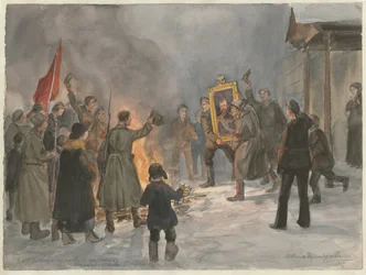 Soldater, der brænder malerier fra serien af akvareller, russisk revolution, 1917